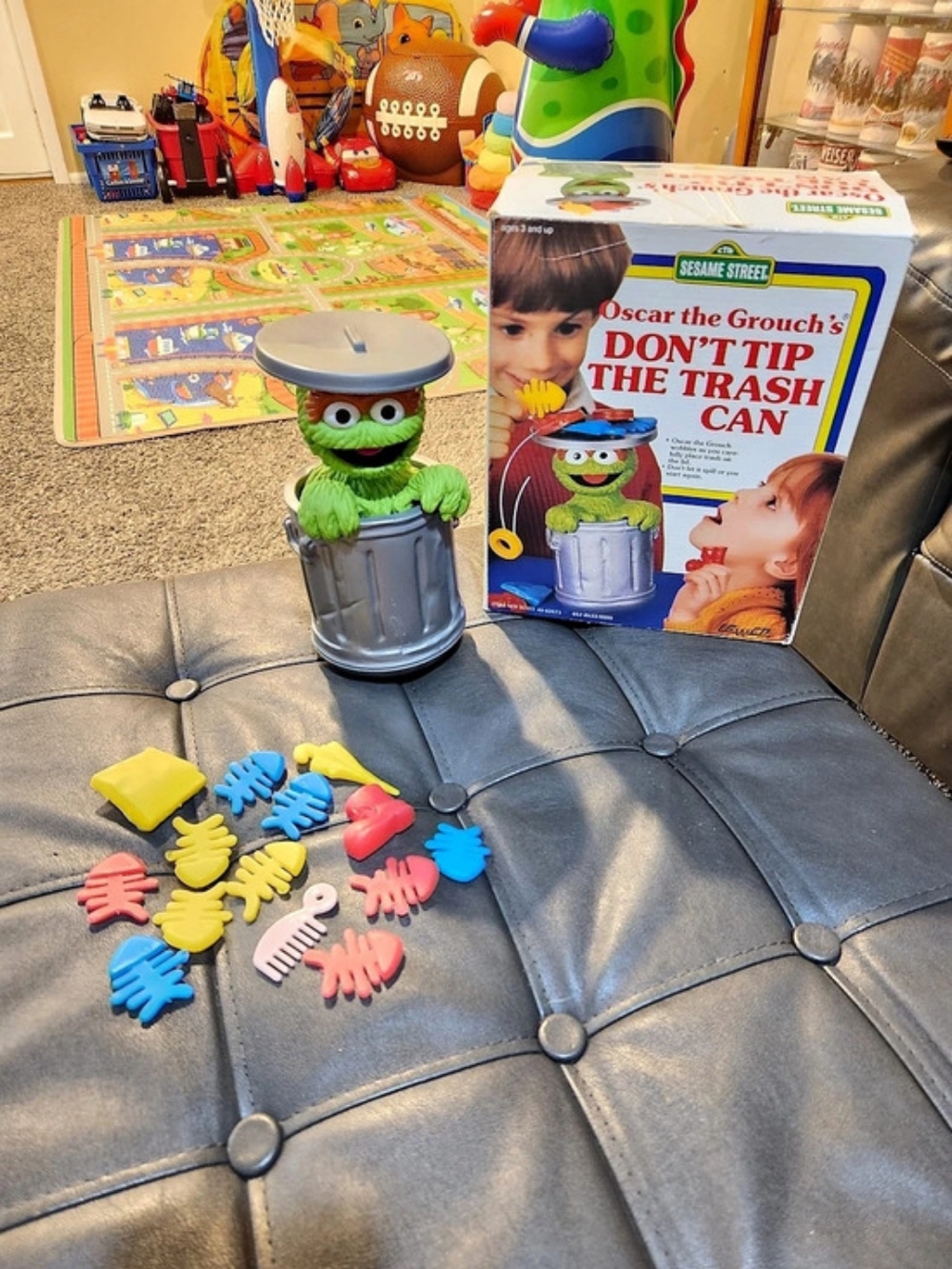 1988 Sesame Street Oscar the Grouch's Don't Tip the Trash Can Game Set with Box